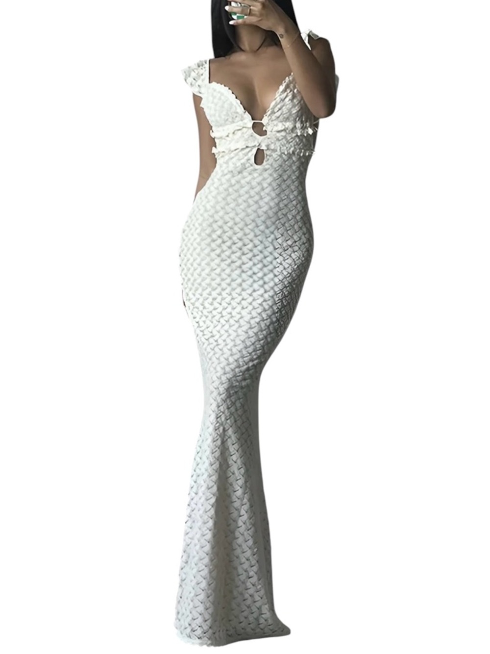 Commense White Textured Keyhole Cutout Open Back Maxi Dress NWT Large